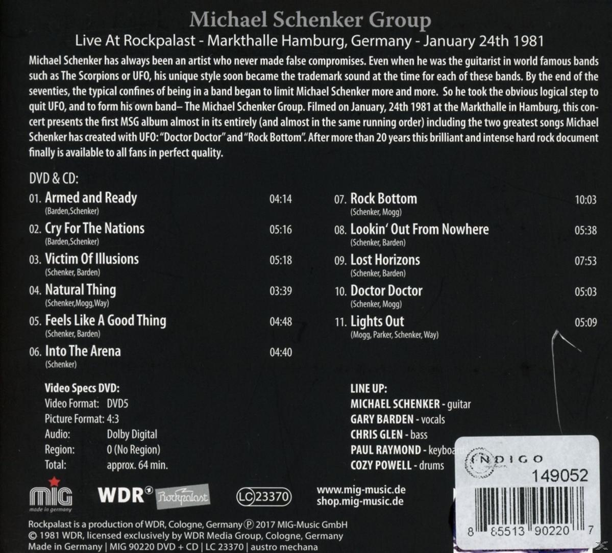 Die Rückseite einer CD. Auf der Rückseite steht Text über die Michael Schenker Group.
