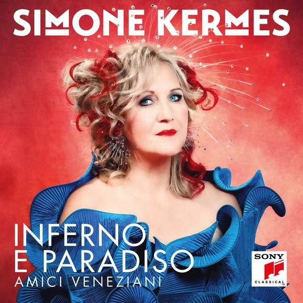 Albumcover von Simone Kermes, mit rotem Hintergrund, blauem Kleid und dem Text 'Inferno e Paradiso'.