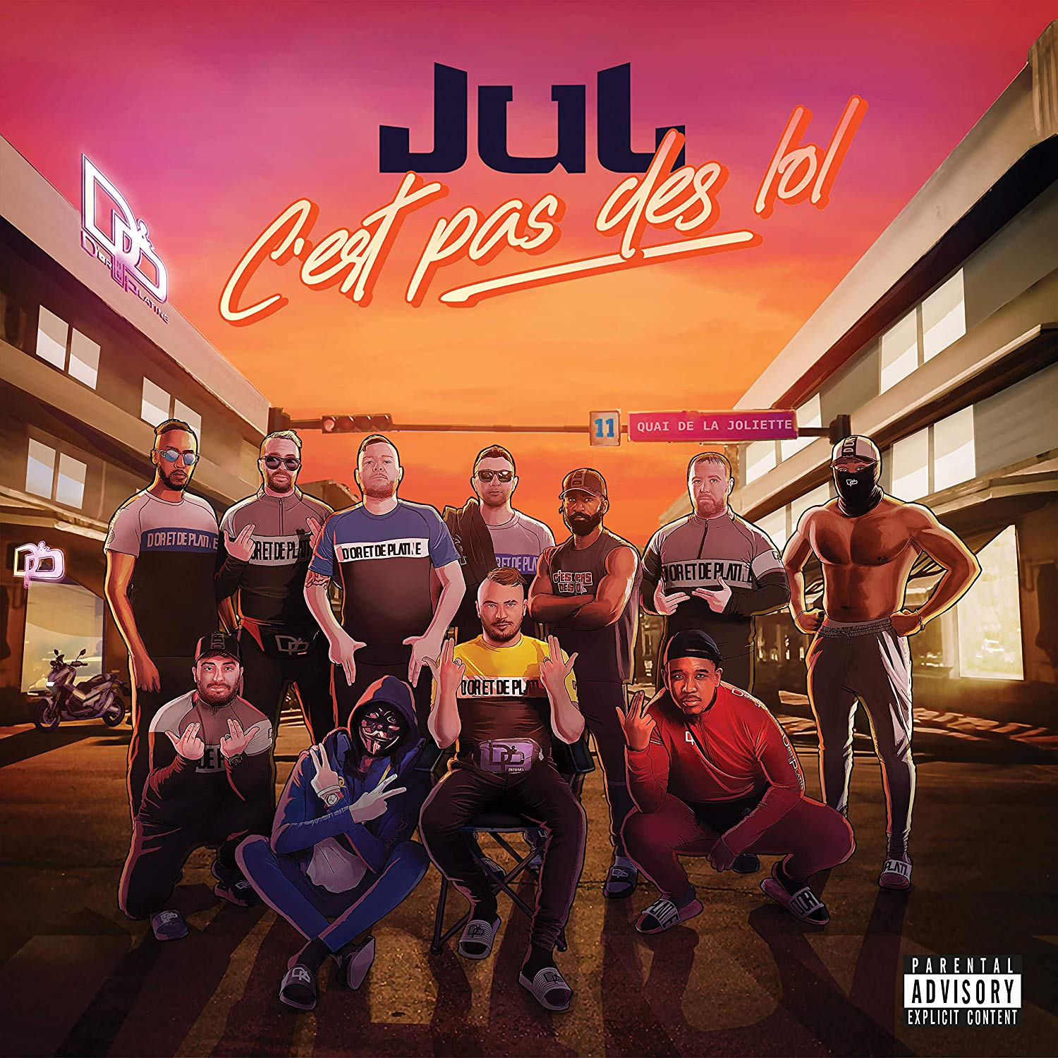 Pochette de l'album de Jul avec un groupe d'hommes devant une scène de ville, avec du texte en français.