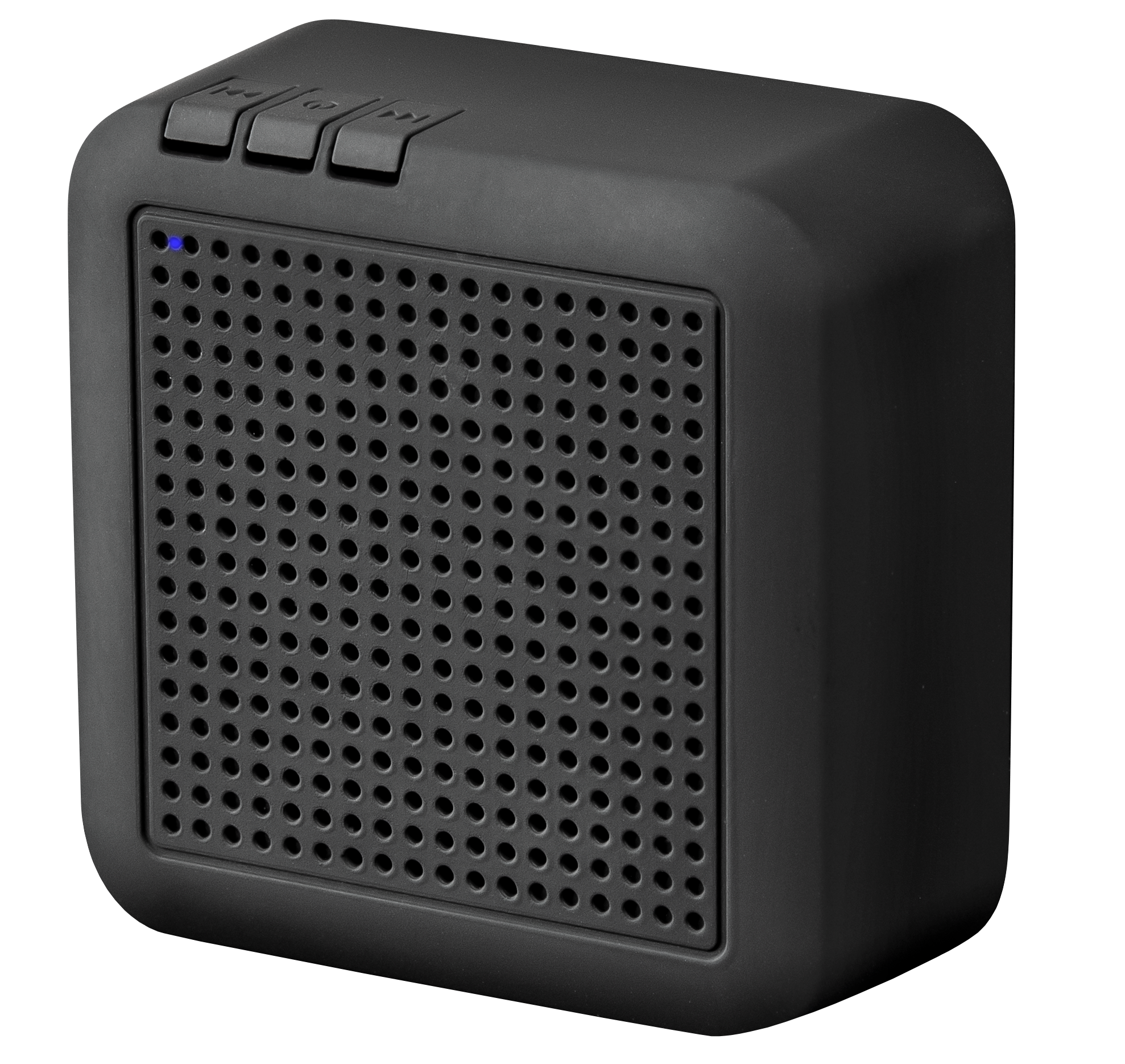 Haut-parleur noir avec commandes à boutons. Comprend une façade perforée pour la sortie audio.