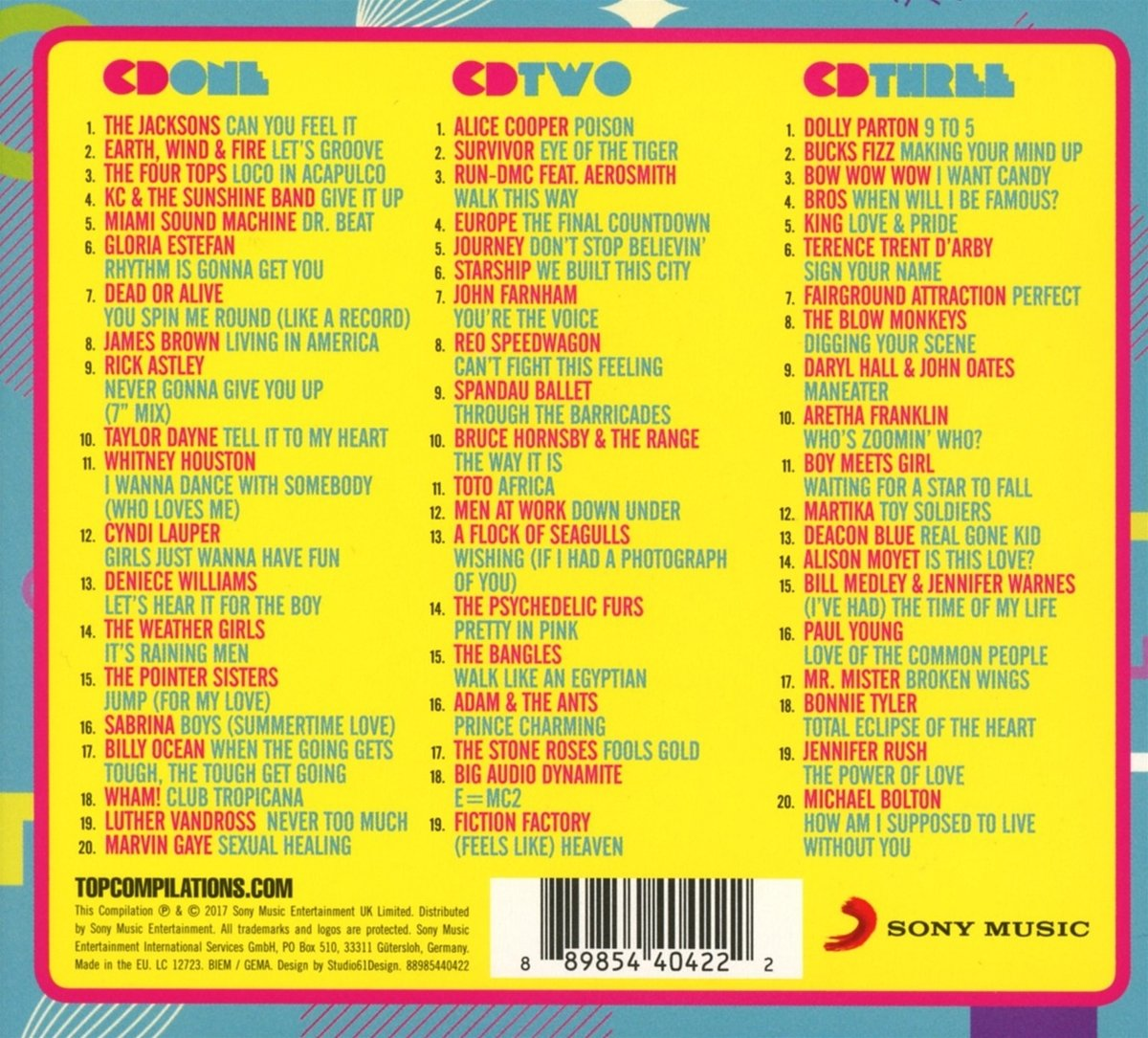 Une pochette de CD avec des listes de chansons. La pochette est colorée avec plusieurs listes de titres.