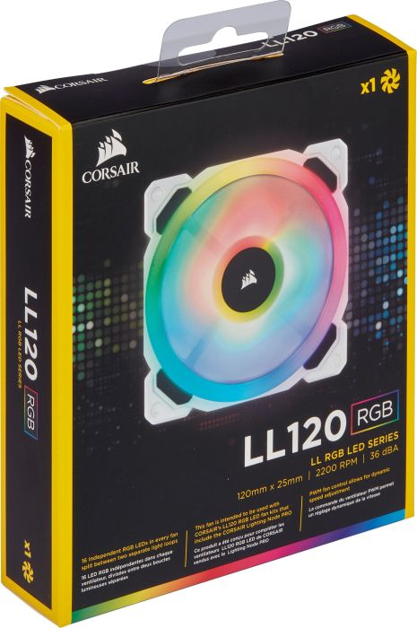Corsair LL120 RGB Lüfterbox. Die Box ist schwarz und gelb, mit dem Lüfter im Inneren sichtbar.
