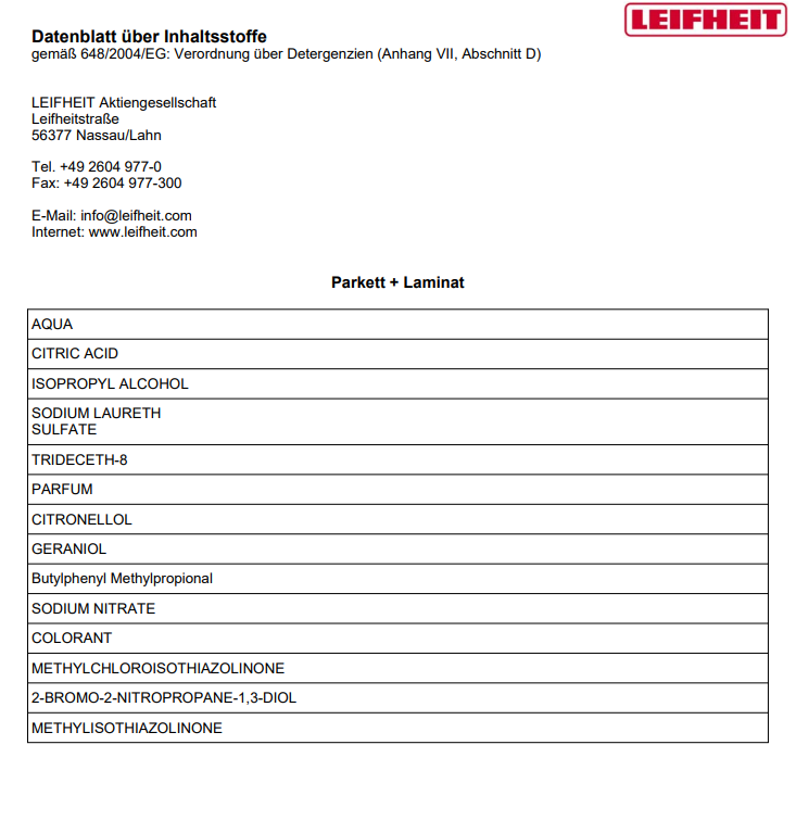 Ein Datenblatt mit Inhaltsstoffen, mit dem Leifheit-Logo und Text auf Deutsch.