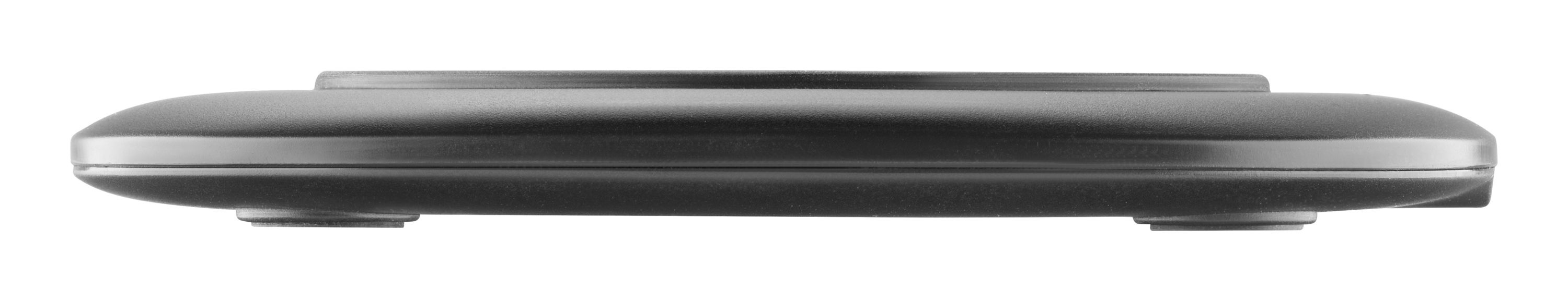 Schwarzes, ovales Gerät. Es hat eine flache Oberseite und zwei kleine Beine unten.