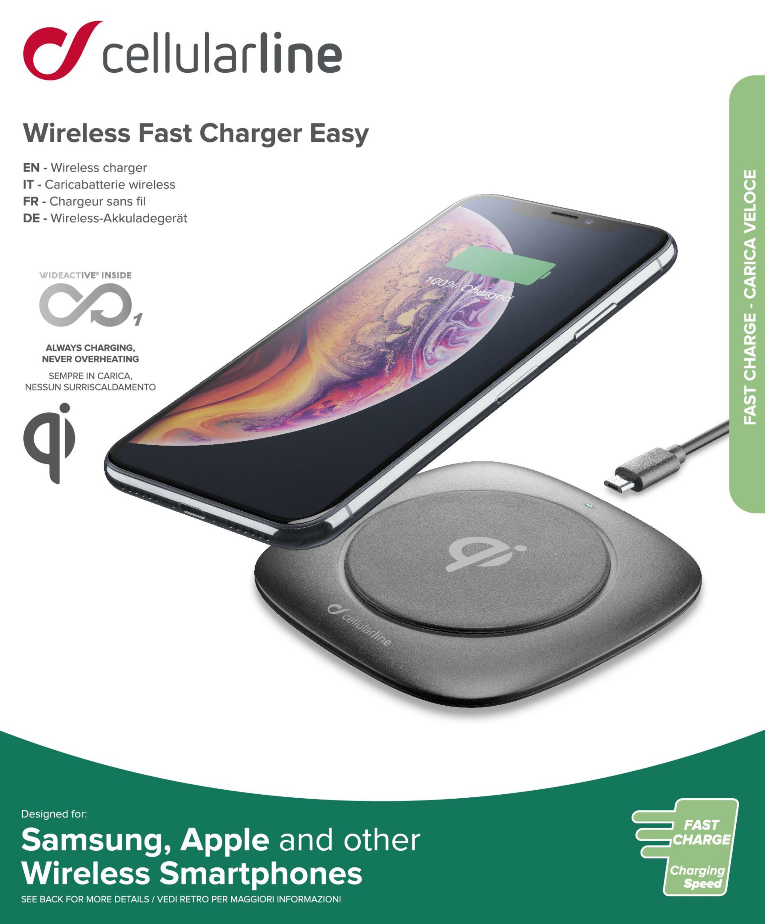 Kabelloses Ladegerät mit einem Telefon darauf. Das Telefon lädt und zeigt 100%. Das Ladegerät ist schwarz und grau.