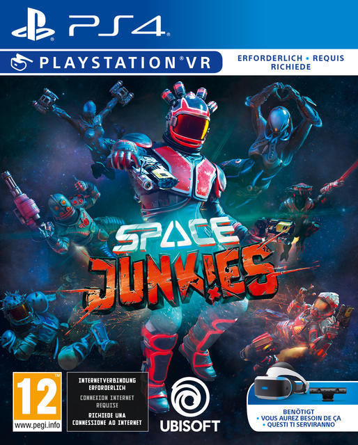 Játék borító: Space Junkies. Űrhajósok űrruhában, harcolnak egy űrkörnyezetben.