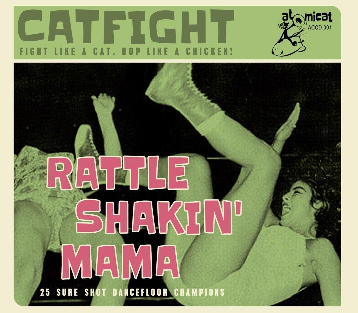 Albumcover mit dem Text CATFIGHT, RATTLE SHAKIN' MAMA und zwei Frauen im Retro-Stil.