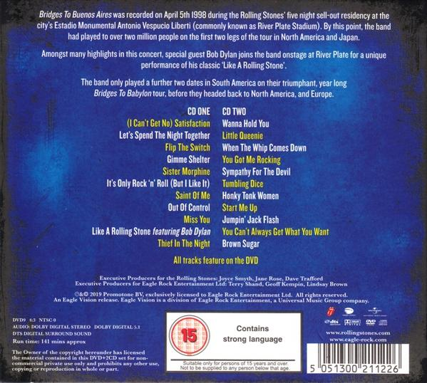 CD borító. A Rolling Stones koncertje Buenos Airesben. A bal oldalon a dalok listája, a jobb oldalon a részletek.