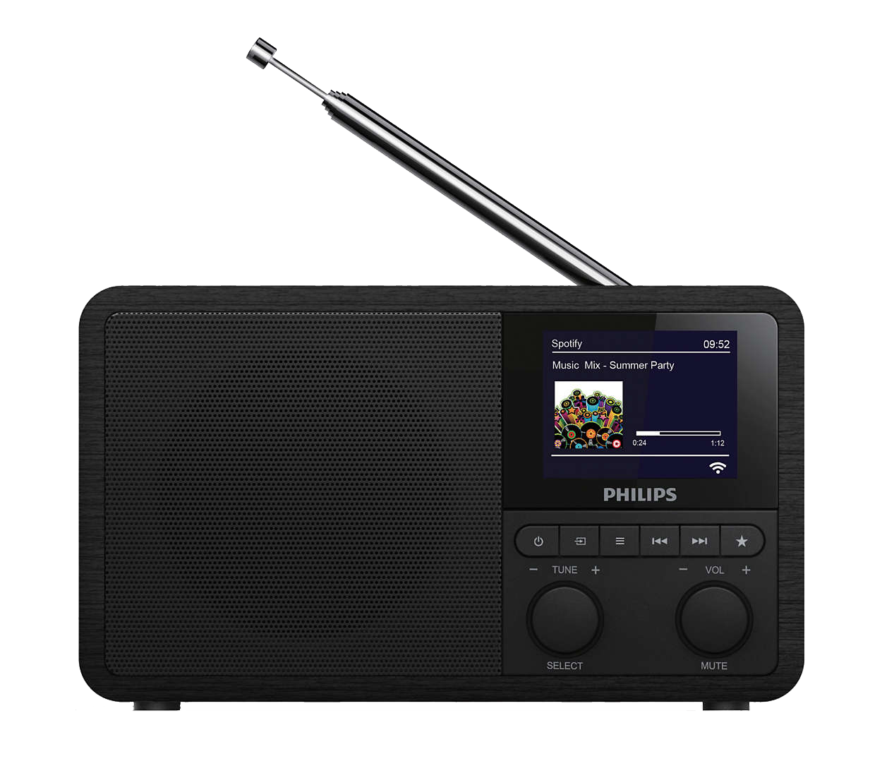 Zwarte Philips-radio met een scherm dat muziekinformatie weergeeft.