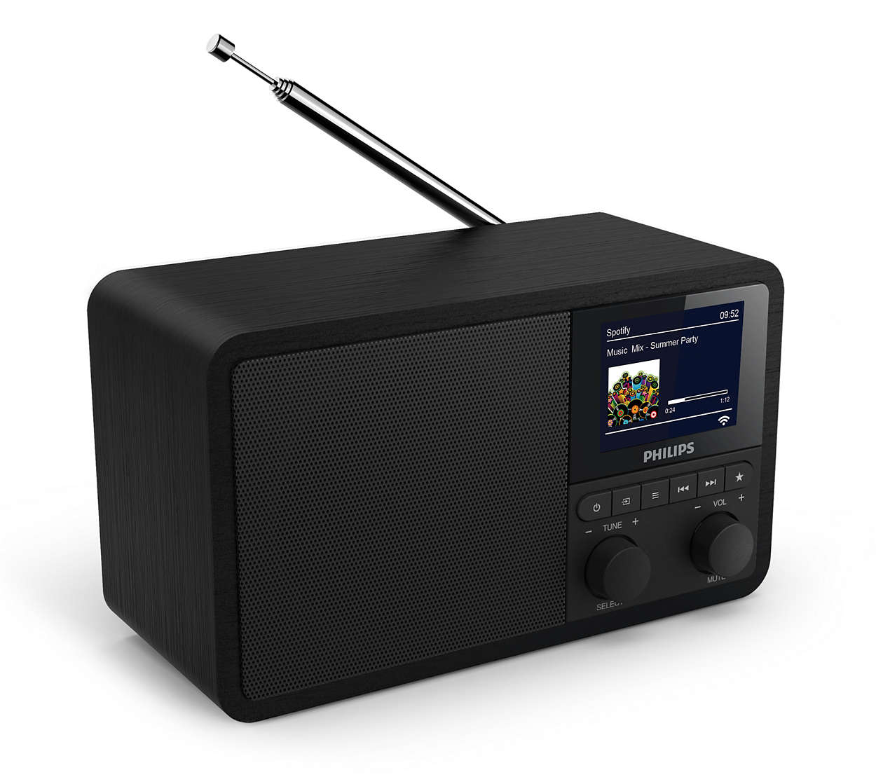 Zwarte radio met een scherm. Het heeft een zilveren antenne en twee knoppen.