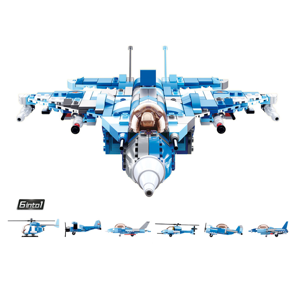Ein blau-weißes Lego-Jet-Flugzeugmodell, umgeben von anderen kleinen Lego-Flugzeugen und Hubschraubern.