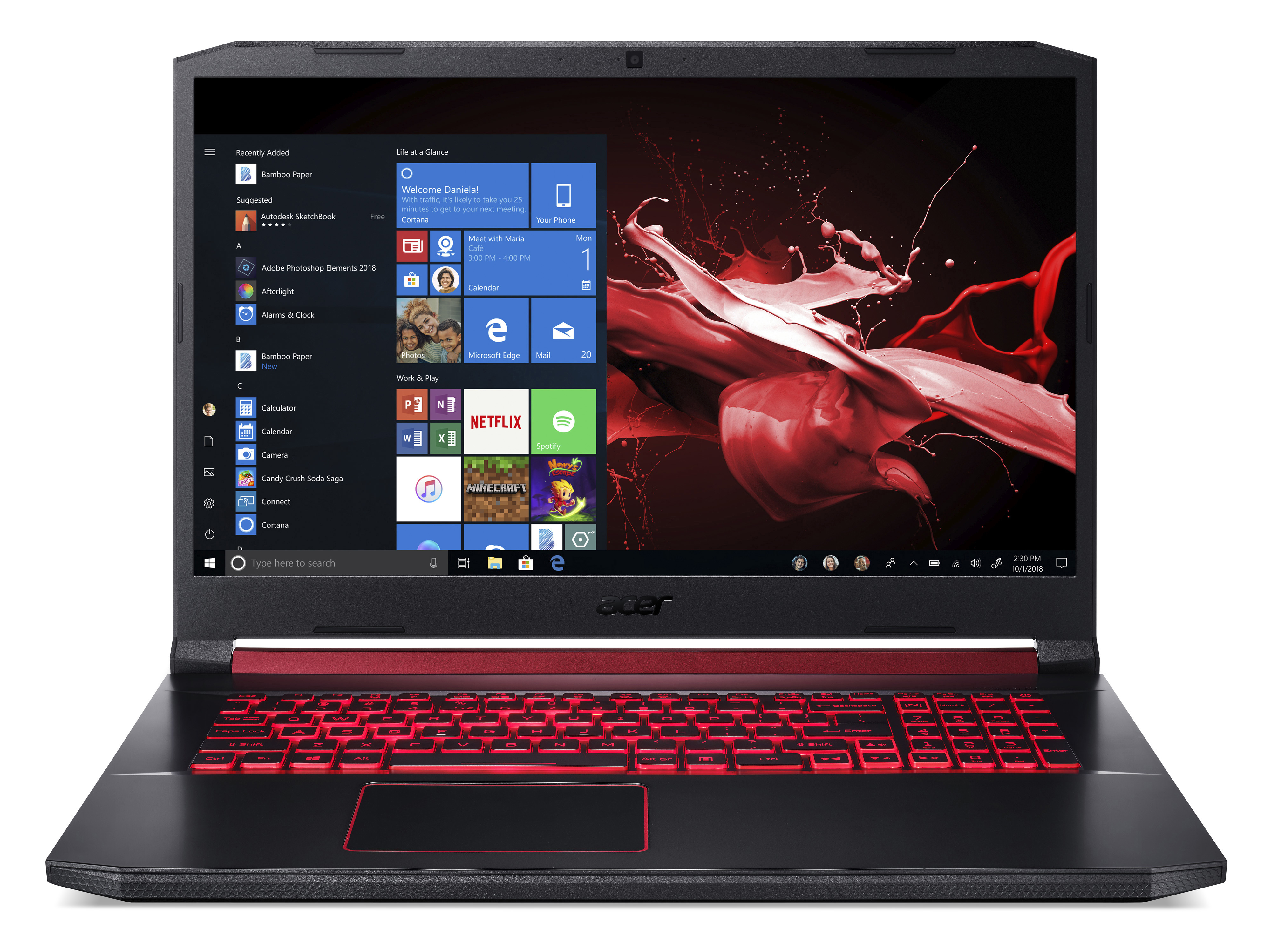 Ein schwarzer Acer-Laptop mit roter Tastaturbeleuchtung zeigt den Windows-Desktop und einen roten Farbklecks-Hintergrund.