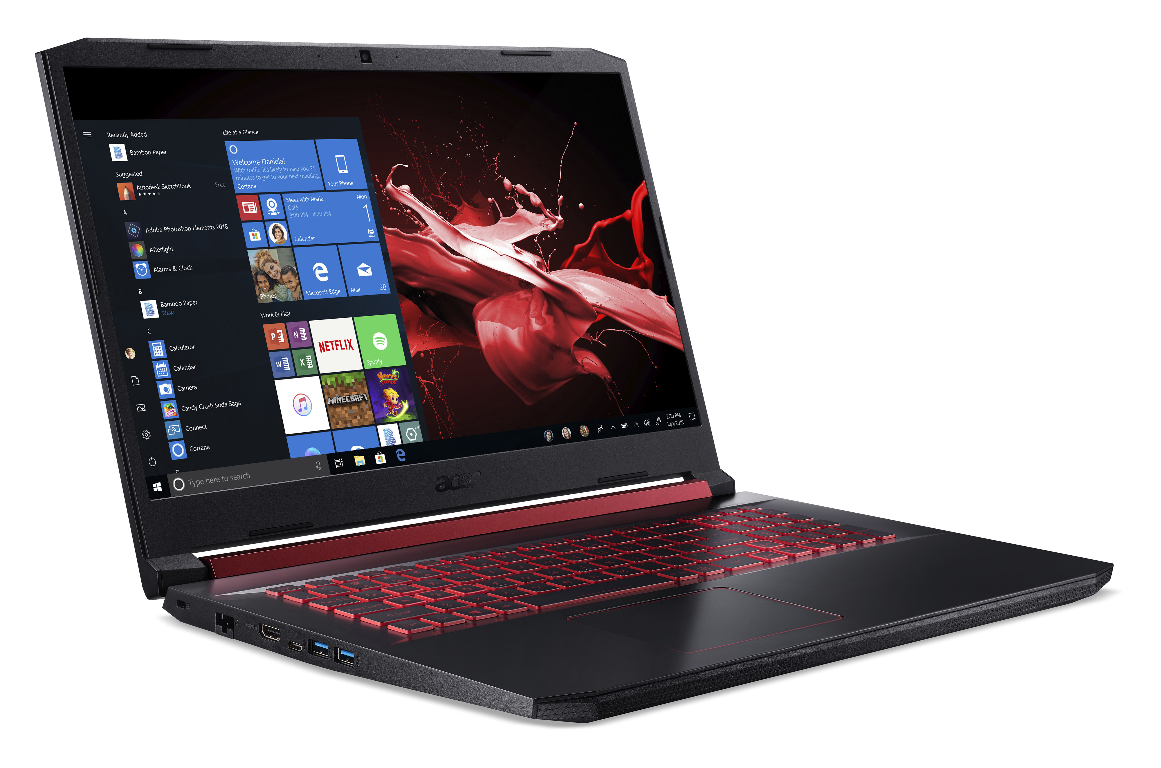 Schwarzer Acer-Gaming-Laptop mit rot beleuchteter Tastatur und rotem Startmenü-Hintergrund.