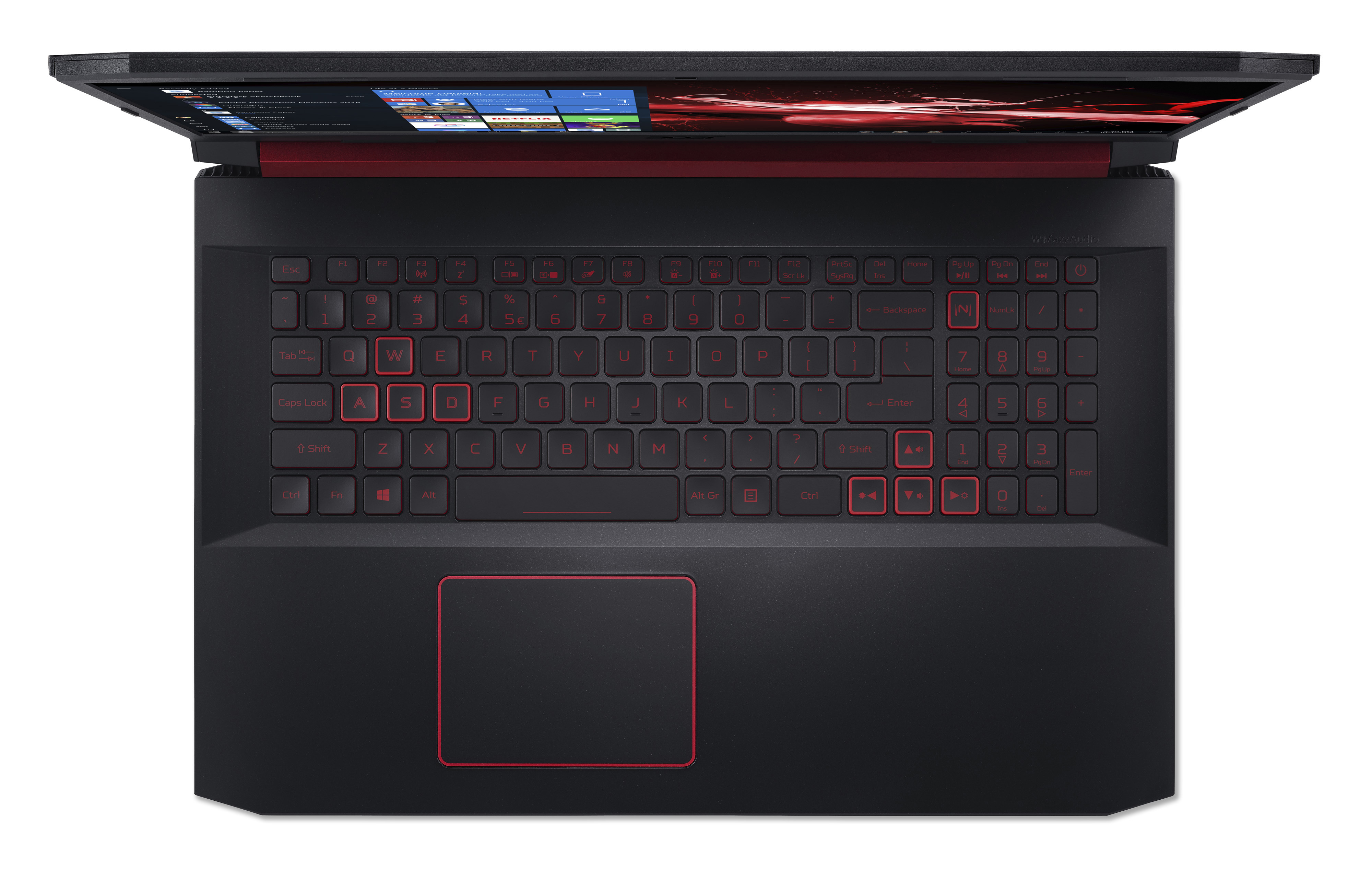 Draufsicht eines schwarzen Laptops mit roter Tastaturbeleuchtung, rotem Touchpad-Rand und geöffnetem Display.
