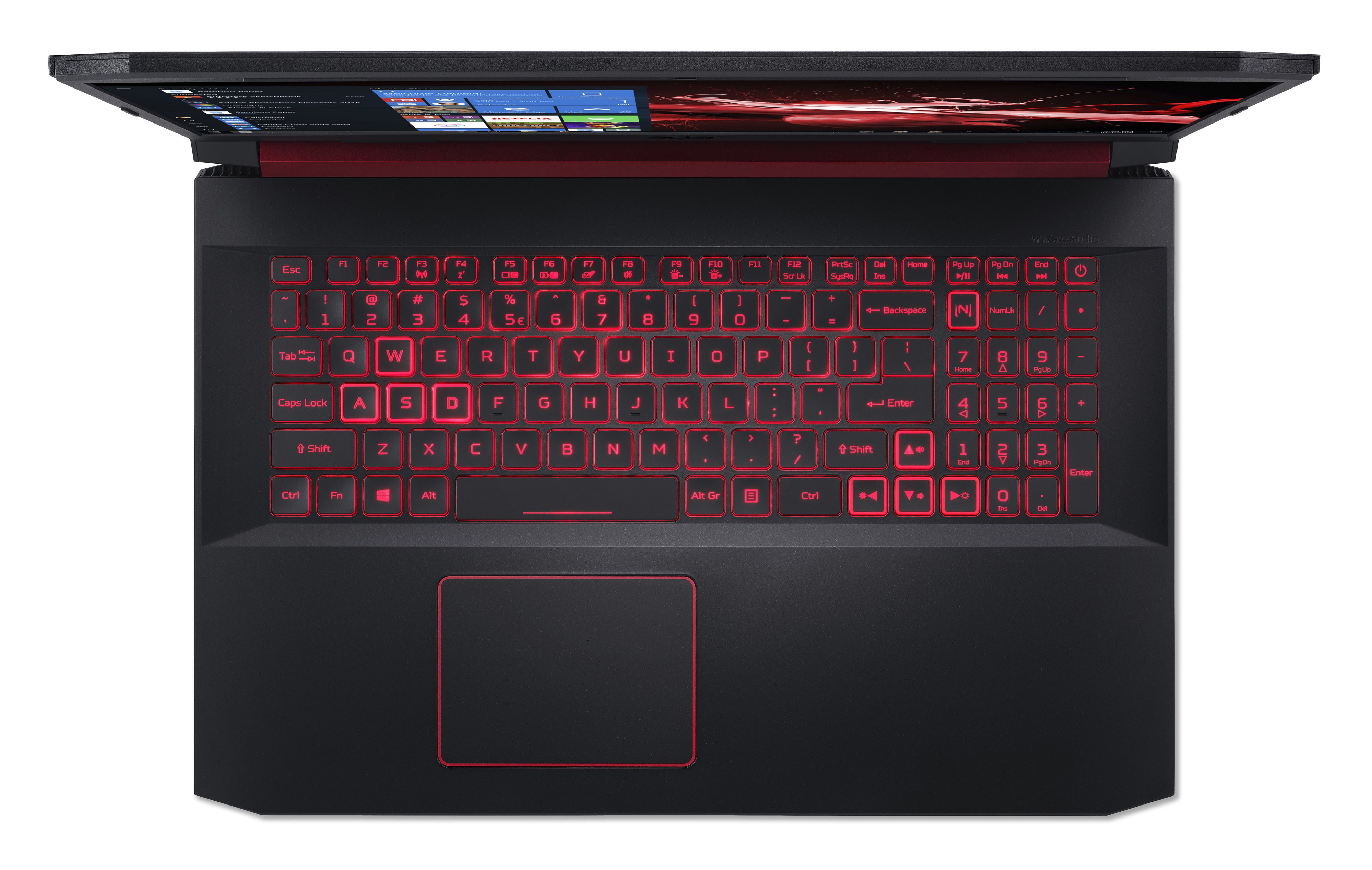 Ein schwarzer Laptop mit roter Tastenbeleuchtung und Touchpad wird von oben gezeigt.