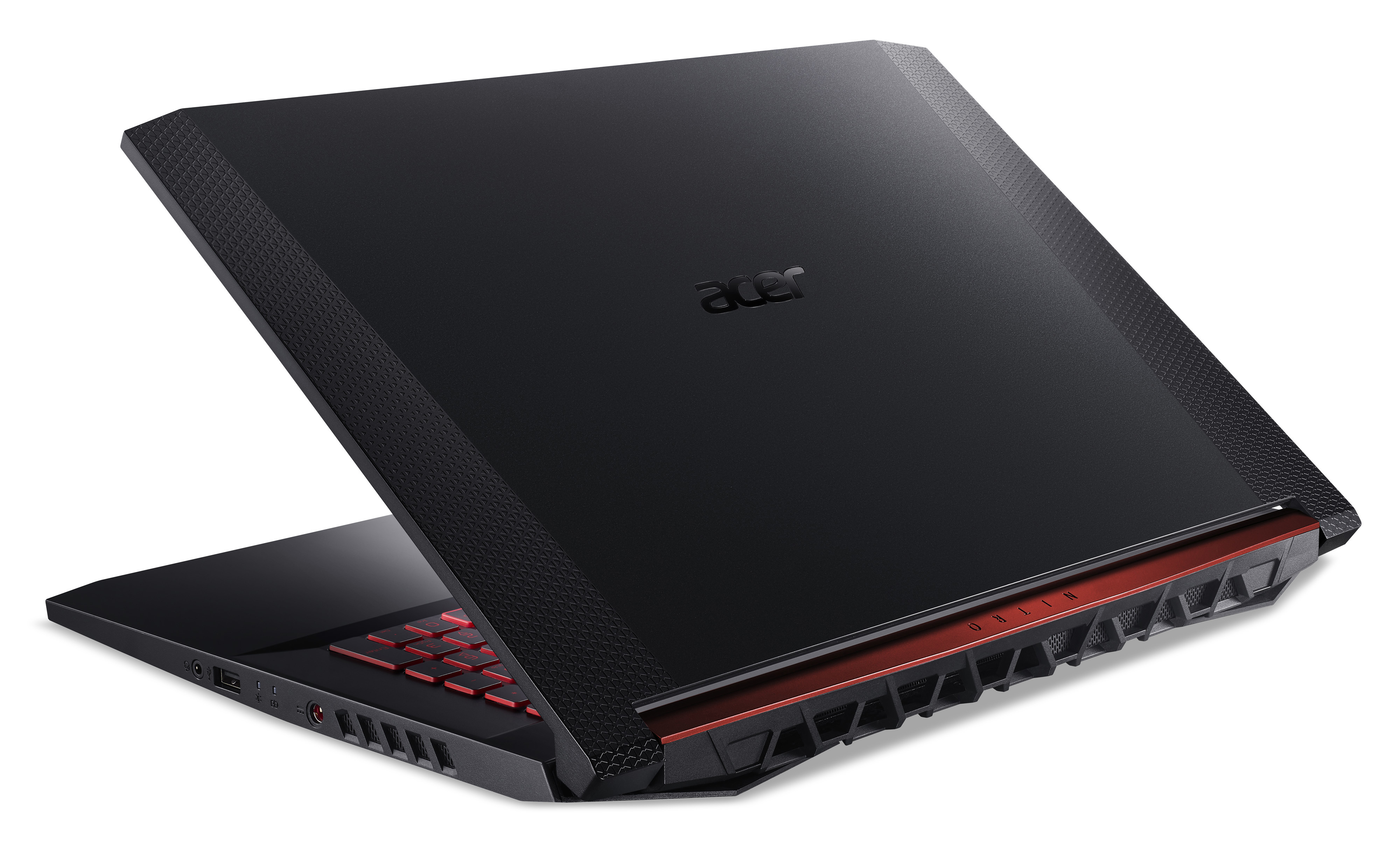 Ein schwarzer Acer Nitro Gaming-Laptop von hinten, mit rotem Scharnier und rot leuchtender Tastatur vor weißem Hintergrund.