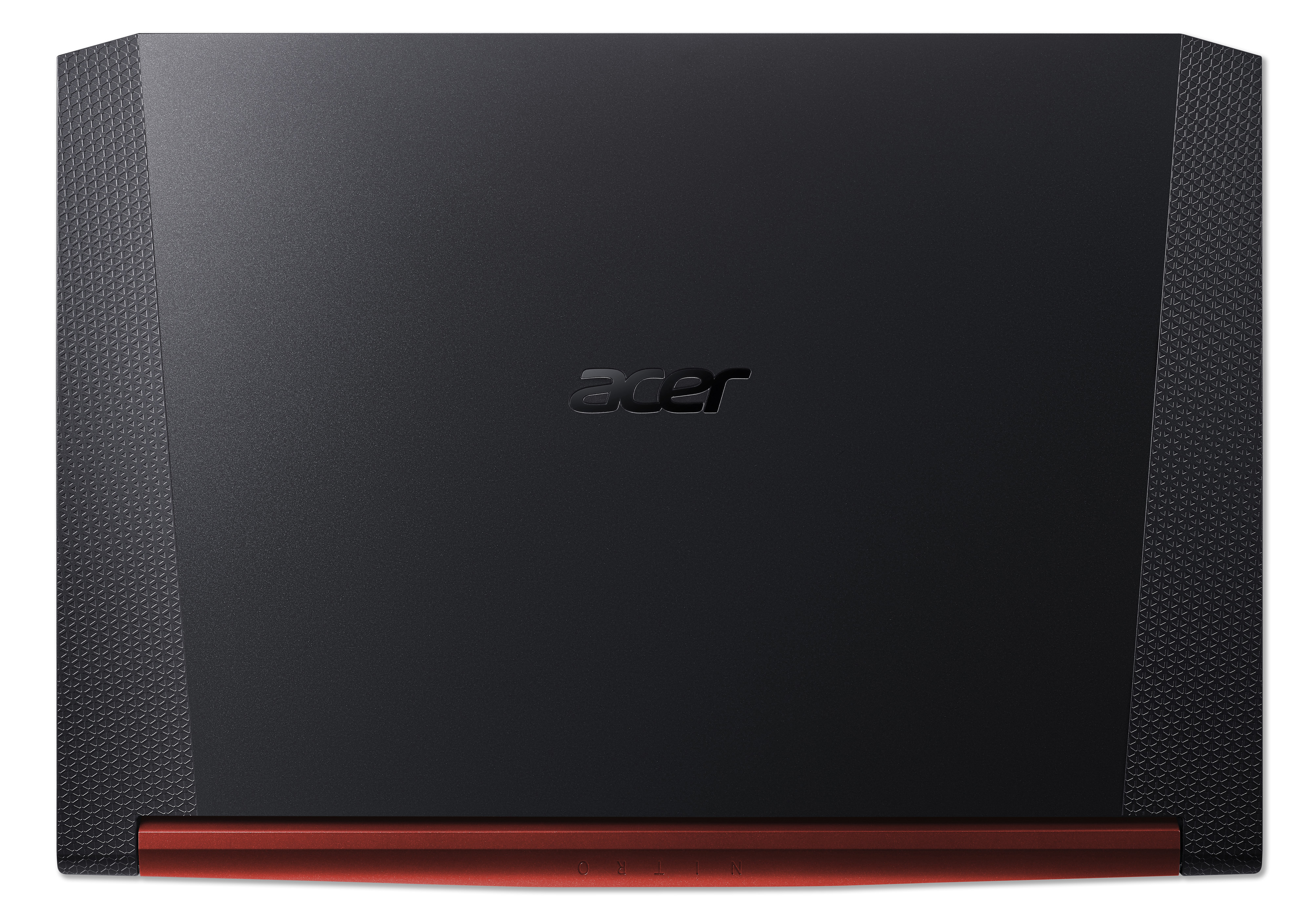 Schwarze Acer Laptop-Aussenseite mit strukturierten Kanten und rotem Scharnier.