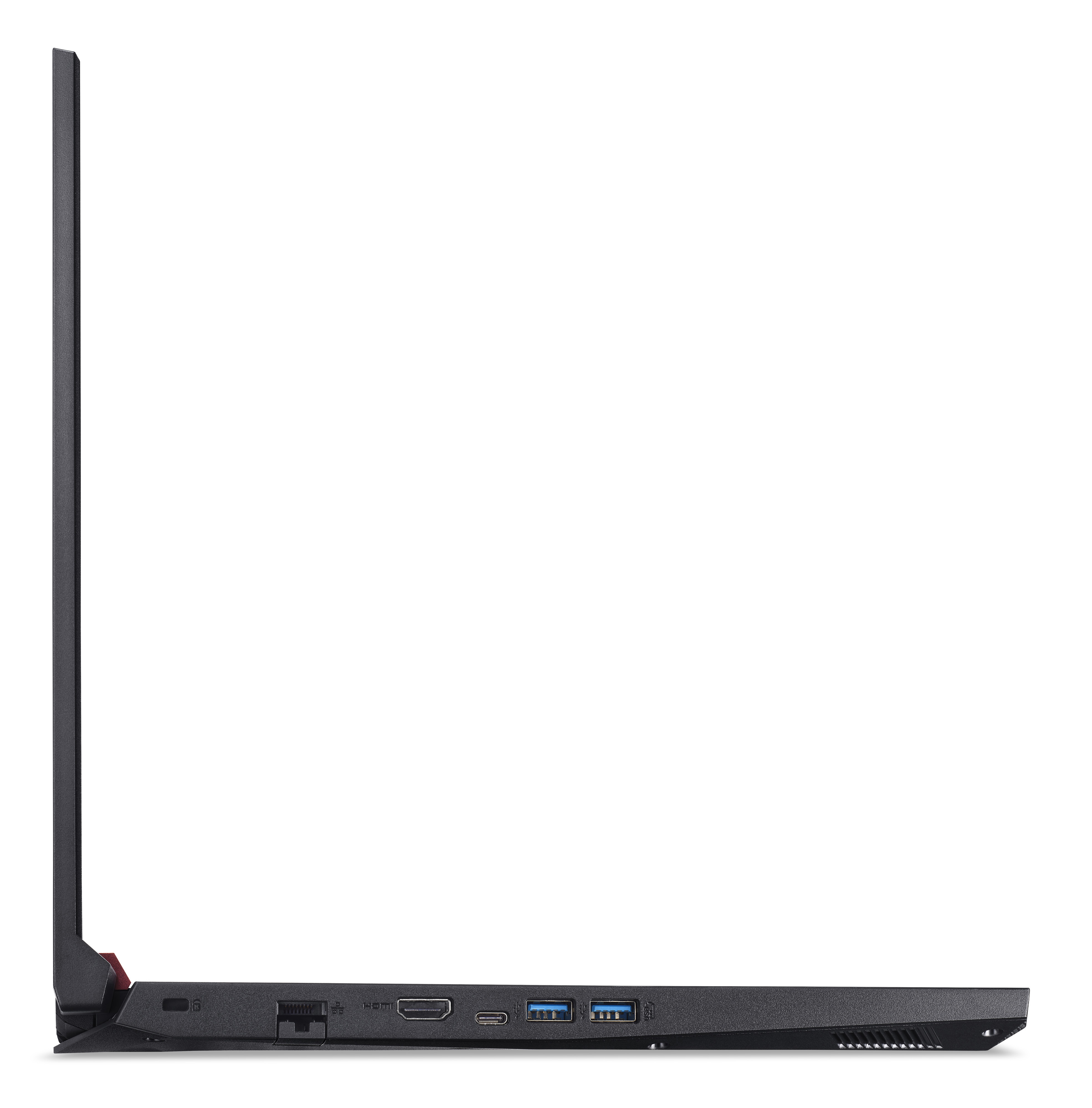 Linke Seite eines schwarzen Laptops mit verschiedenen Anschlüssen wie USB, HDMI und Ethernet.