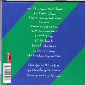 Dos d'un album avec liste des titres et un design à rayures diagonales bleues et vertes.