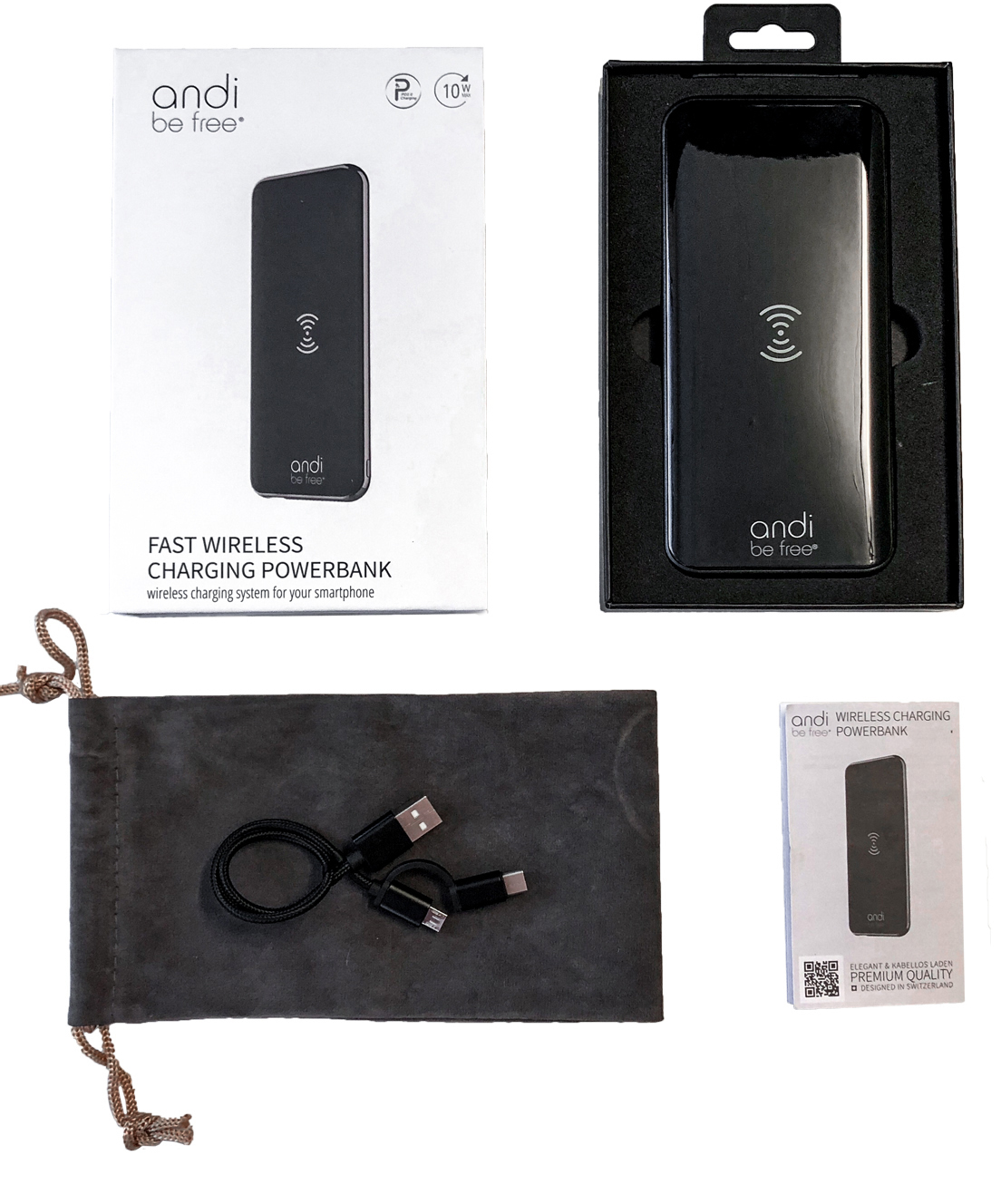 ANDI BE FREE Wireless Fast Charging Powerbank Universell, Schwarz