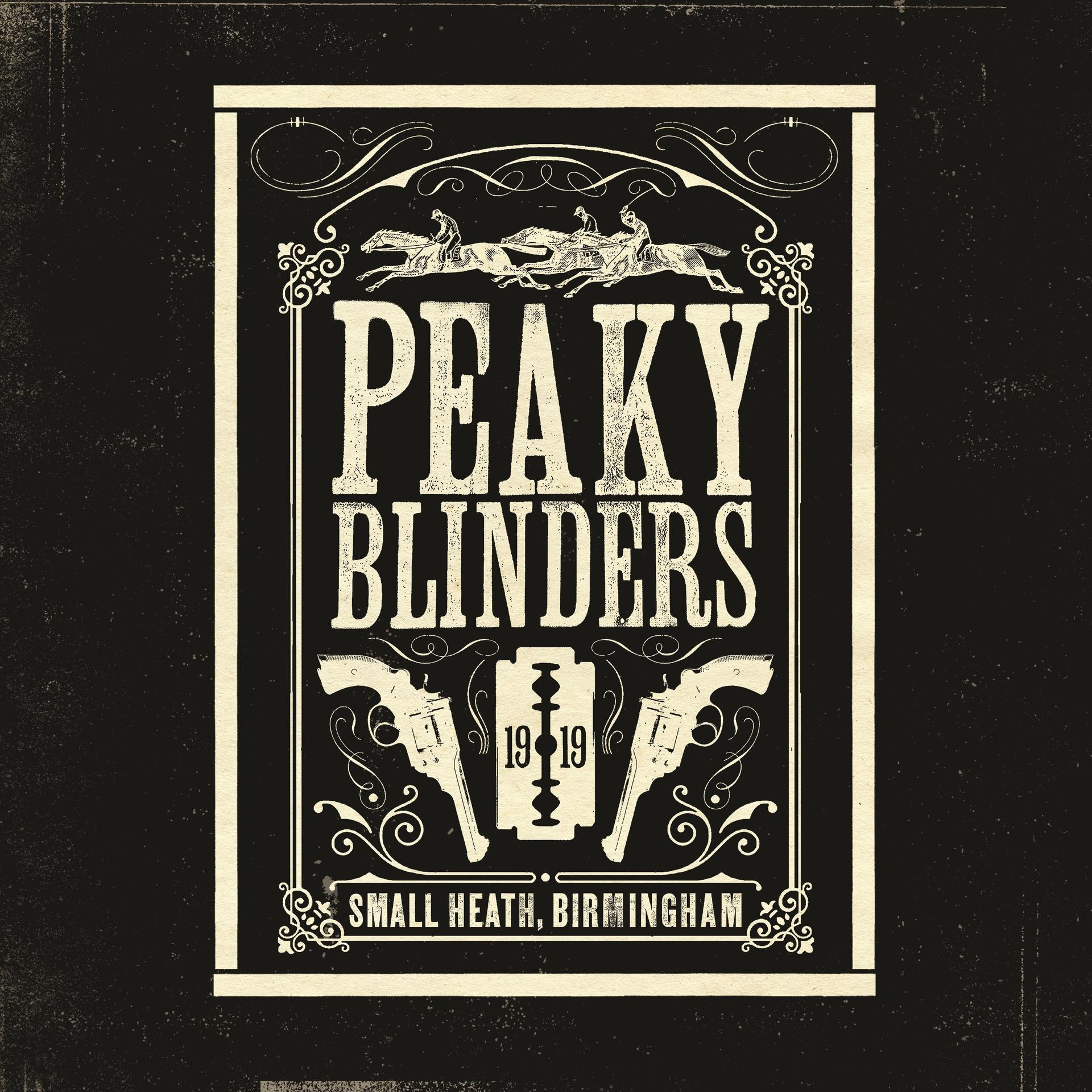 Affiche Peaky Blinders. Texte : PEAKY BLINDERS. Image d'armes à feu et d'une lame de rasoir. Fond noir.