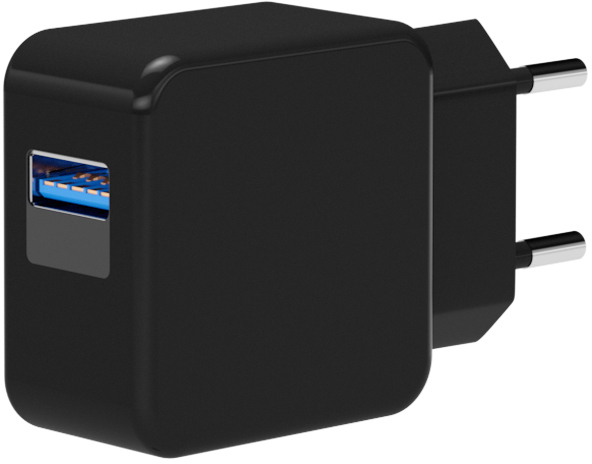 Schwarzes USB-Ladegerät mit zwei Stiften. Hat einen USB-Anschluss mit blauem Innenraum.