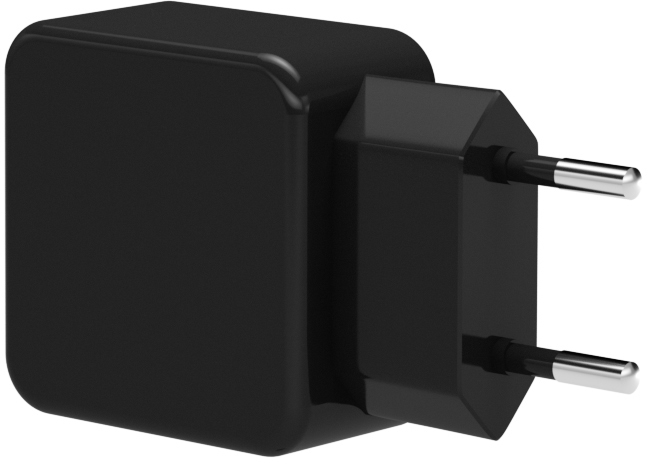 Ein schwarzer Wandstecker mit zwei Stiften. Es ist ein einfacher, quadratisch geformter Adapter.