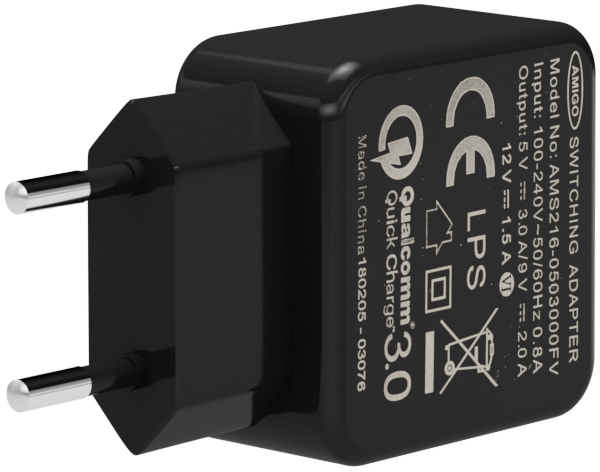 Ein schwarzes Netzteil mit Etikett. Der Adapter hat Stifte für eine Steckdose.