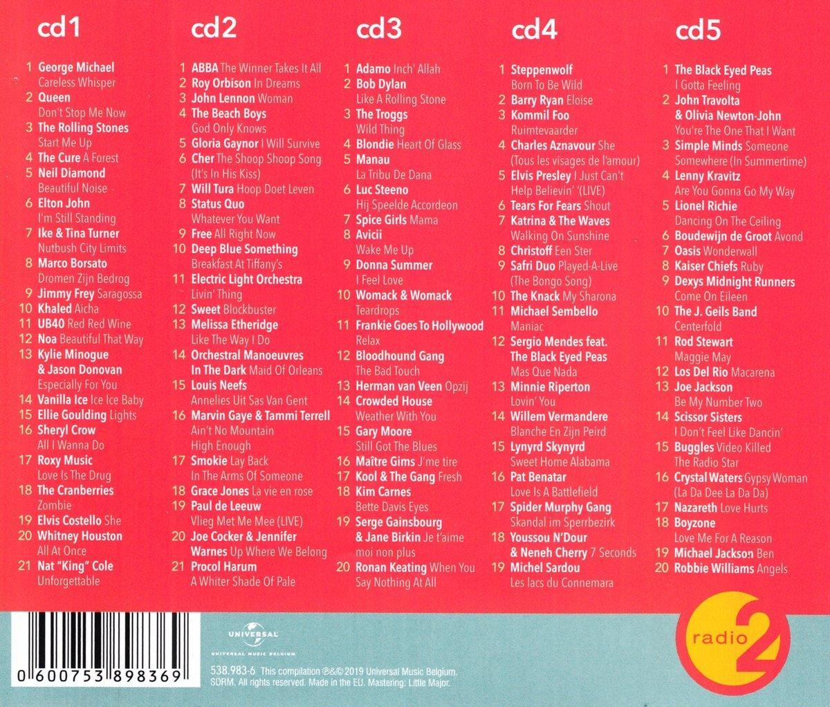 CD 1-5, chacun avec une collection de titres musicaux et d'artistes, empilés sur fond blanc.