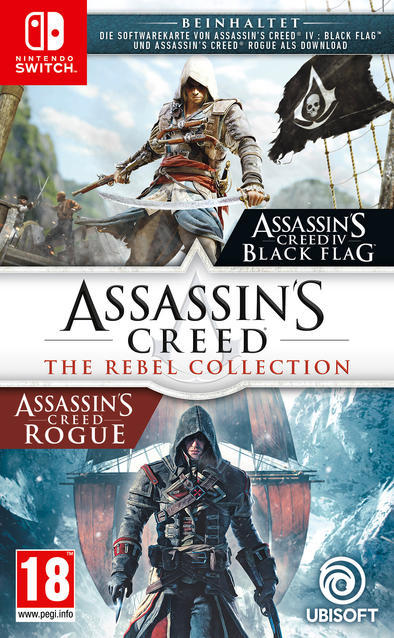 Gamecase voor Assassin's Creed: The Rebel Collection. Bevat personages uit de serie en een zwarte vlag.