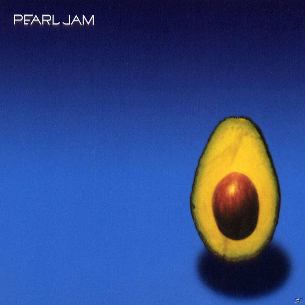 Pearl Jam avokádó albumborító. Egy félbevágott avokádó kék háttérrel.