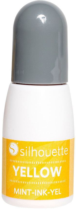 Weiße Silhouette-Flasche mit gelbem Etikett und grauem Deckel, mit gelb.