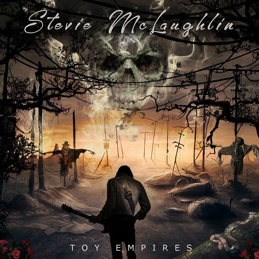 Albumcover mit einem Schädel am Himmel und einer Figur mit Gitarre, die auf Vogelscheuchen zugeht.