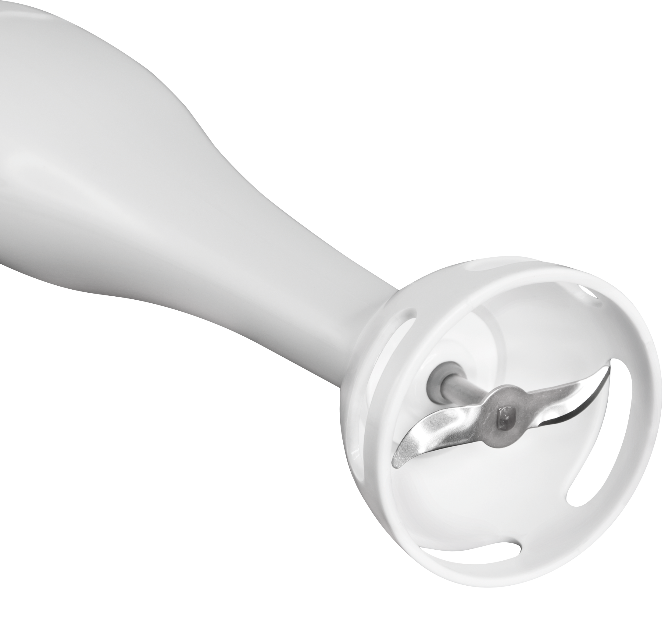 Accessoire de mixeur plongeant blanc. La lame est visible. La poignée est blanche.