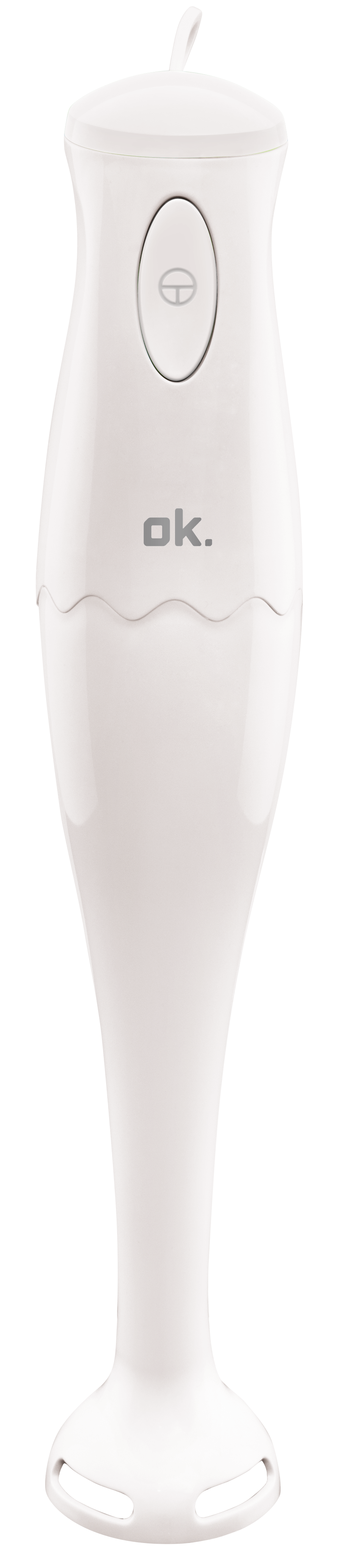 Un mixeur plongeant blanc avec un bouton ovale et la marque 'ok.'.