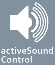 Ein weißes Lautsprechersymbol mit Schallwellen und den Worten "activeSound Control" auf grauem Hintergrund.
