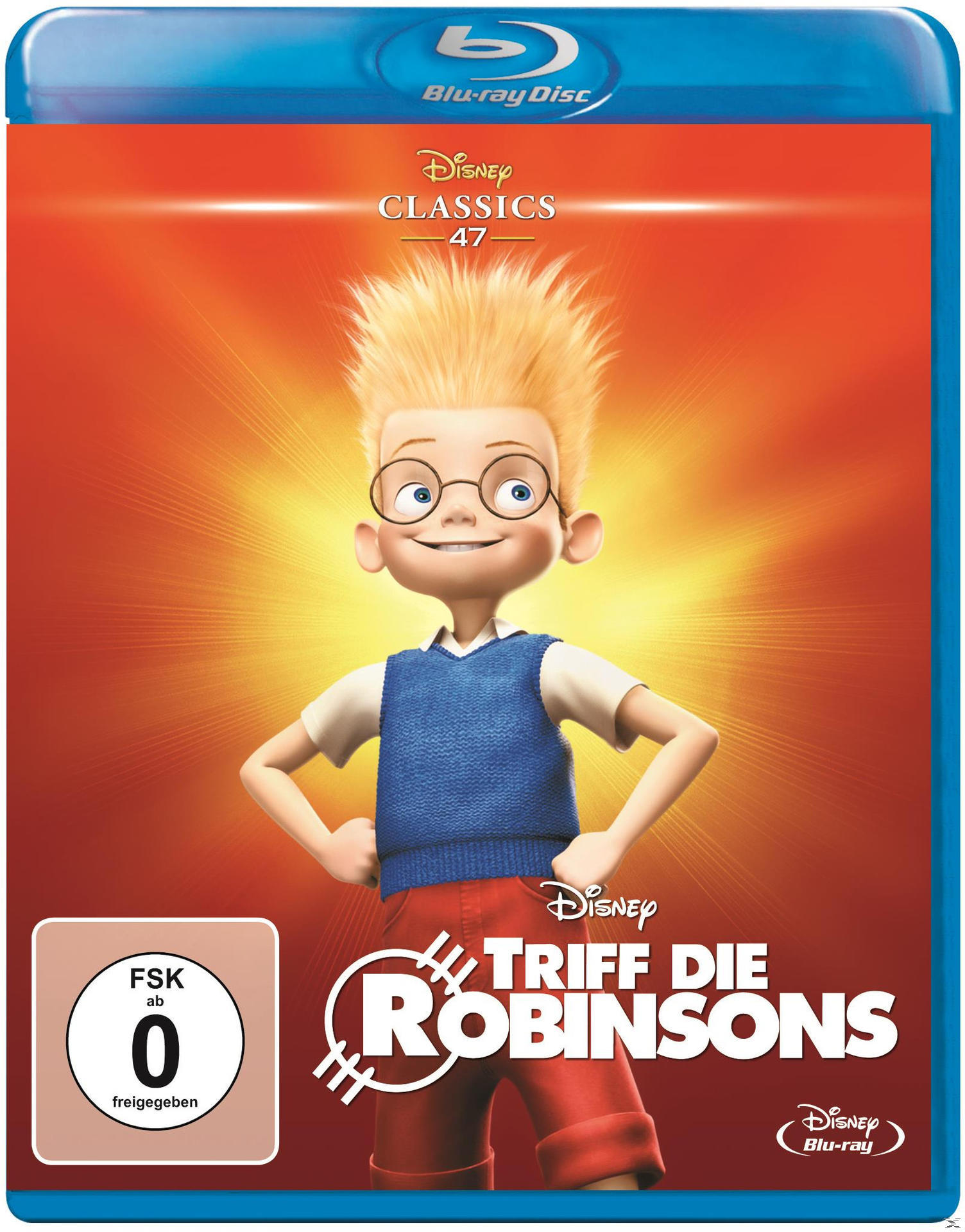 Blu-ray-Cover: Animierter Junge mit roten Haaren und Brille. Titel: Triff die Robinsons.
