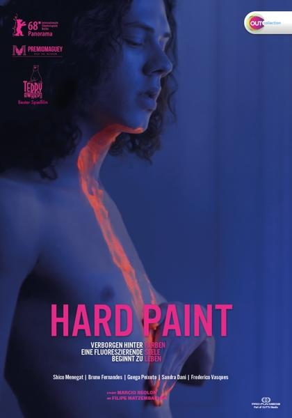 Filmposter: Person mit Farbe am Hals, verschwommener blauer Hintergrund.
