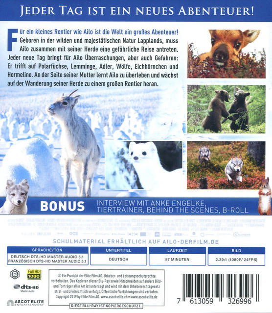 Rückseite der DVD-Hülle. Zeigt verschiedene Tiere in einer Schneelandschaft mit Text in mehreren Sprachen.