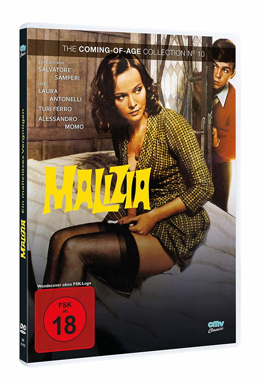 DVD-Hülle mit dem Filmtitel "Malizia" und einer Frau in einem Kleid. FSK 18 Bewertung.