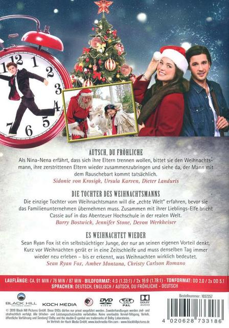 DVD-Cover mit Schauspielern, Weihnachtsbaum und Text auf Deutsch. Mit einer Uhr.