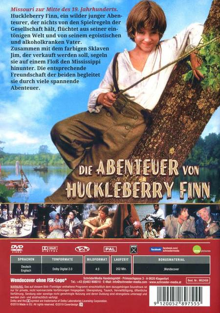 DVD-Cover für Die Abenteuer von Huckleberry Finn. Ein Junge sitzt im Baum, andere im Hintergrund.