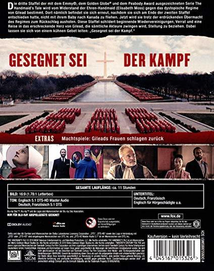 Rückseite einer DVD-Hülle von 'The Handmaid's Tale' mit Text und Bildern der Besetzung.