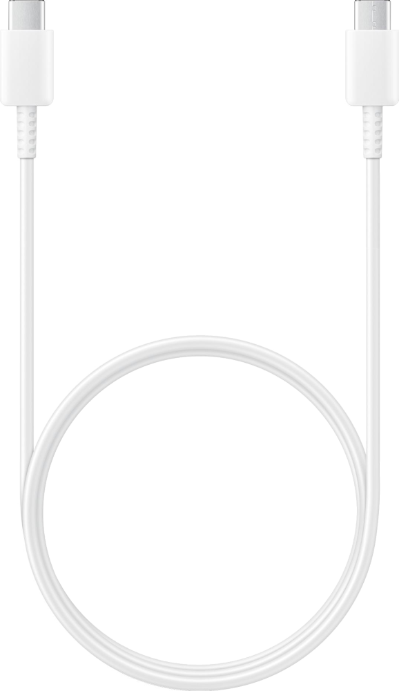 Câble USB-C blanc. Deux connecteurs à chaque extrémité. Câble en boucle au milieu, sur fond noir.