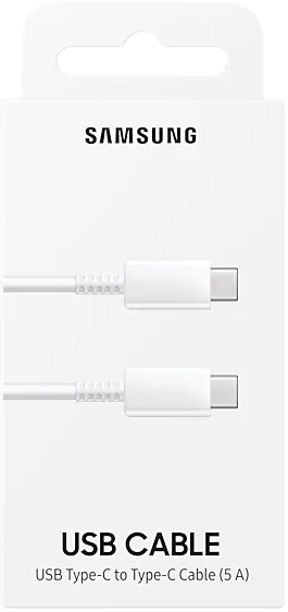 Un câble USB Type-C blanc Samsung dans son emballage.