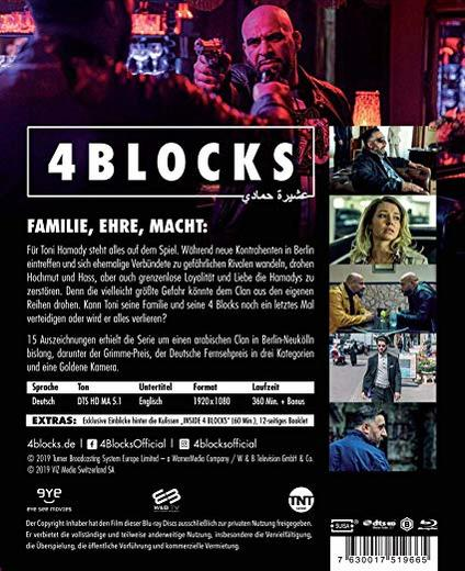 Filmcover: Mann mit Waffe, Titel 4 Blocks. Andere Bilder zeigen die Besetzung und Text.