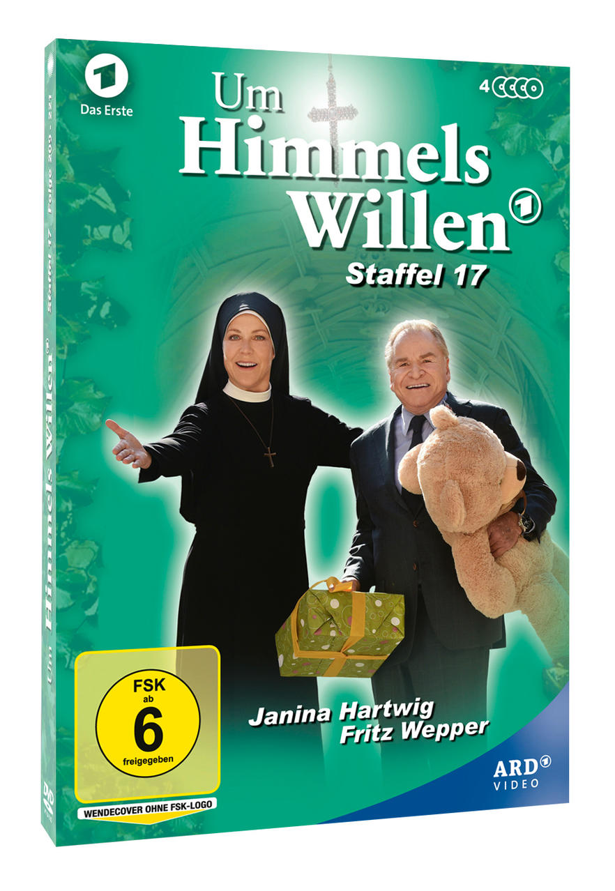 DVD-Cover Um Himmels Willen, Staffel 17. Enthält eine Nonne, einen Mann und einen Teddybären.