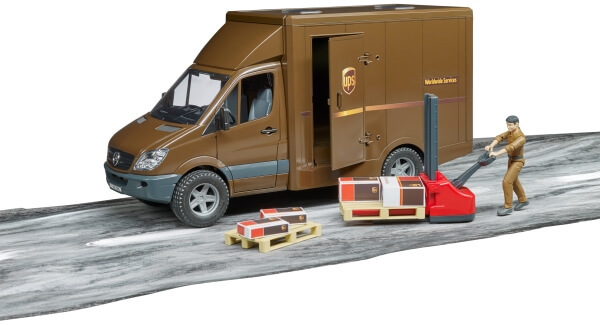 Ein UPS-LKW mit offener Tür, ein Arbeiter mit Gabelstapler und Pakete auf Paletten auf grauer Oberfläche.
