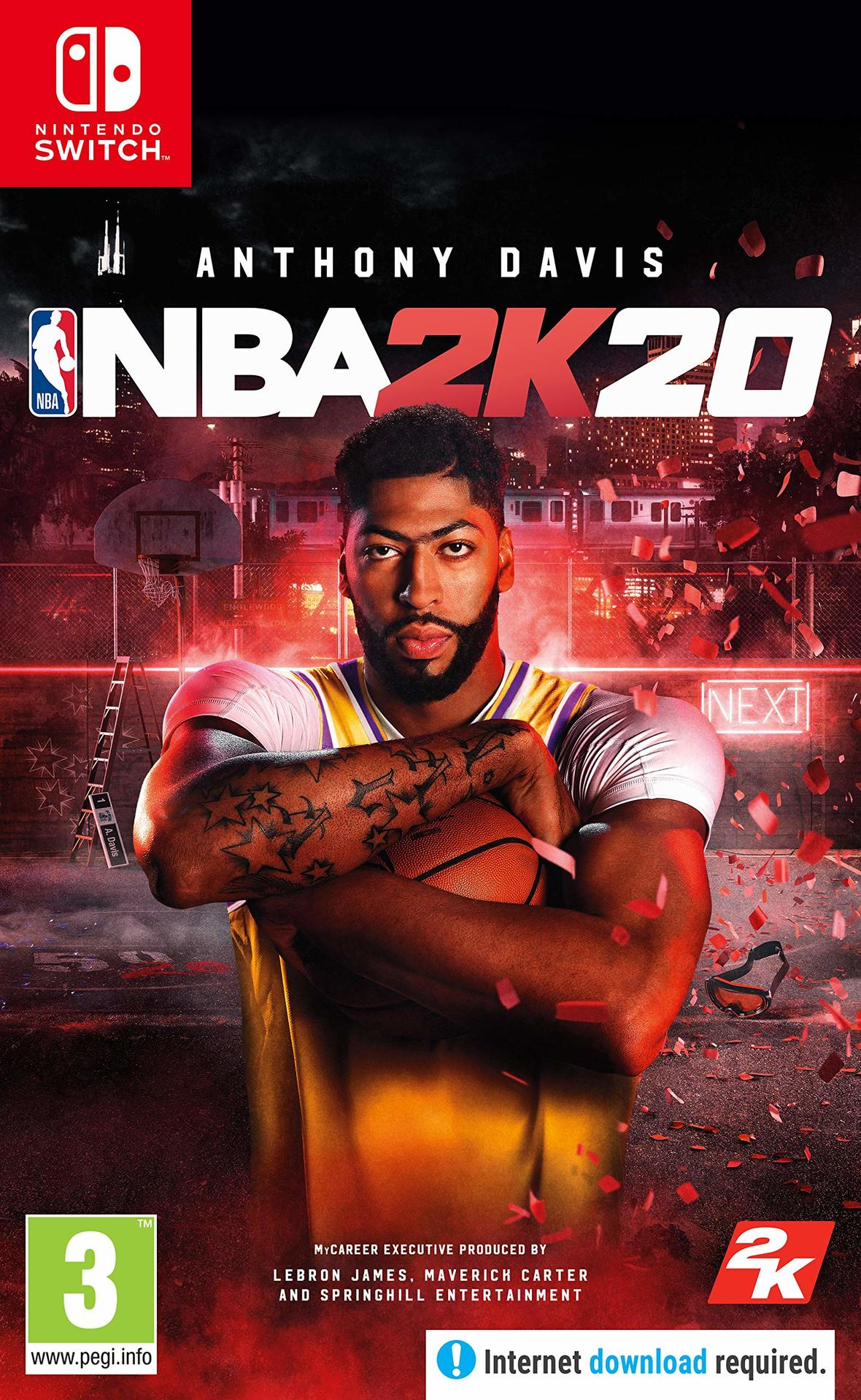 Portada del juego NBA 2K20 con Anthony Davis. Sostiene un balón de baloncesto, con una camiseta de los Lakers, en una cancha.