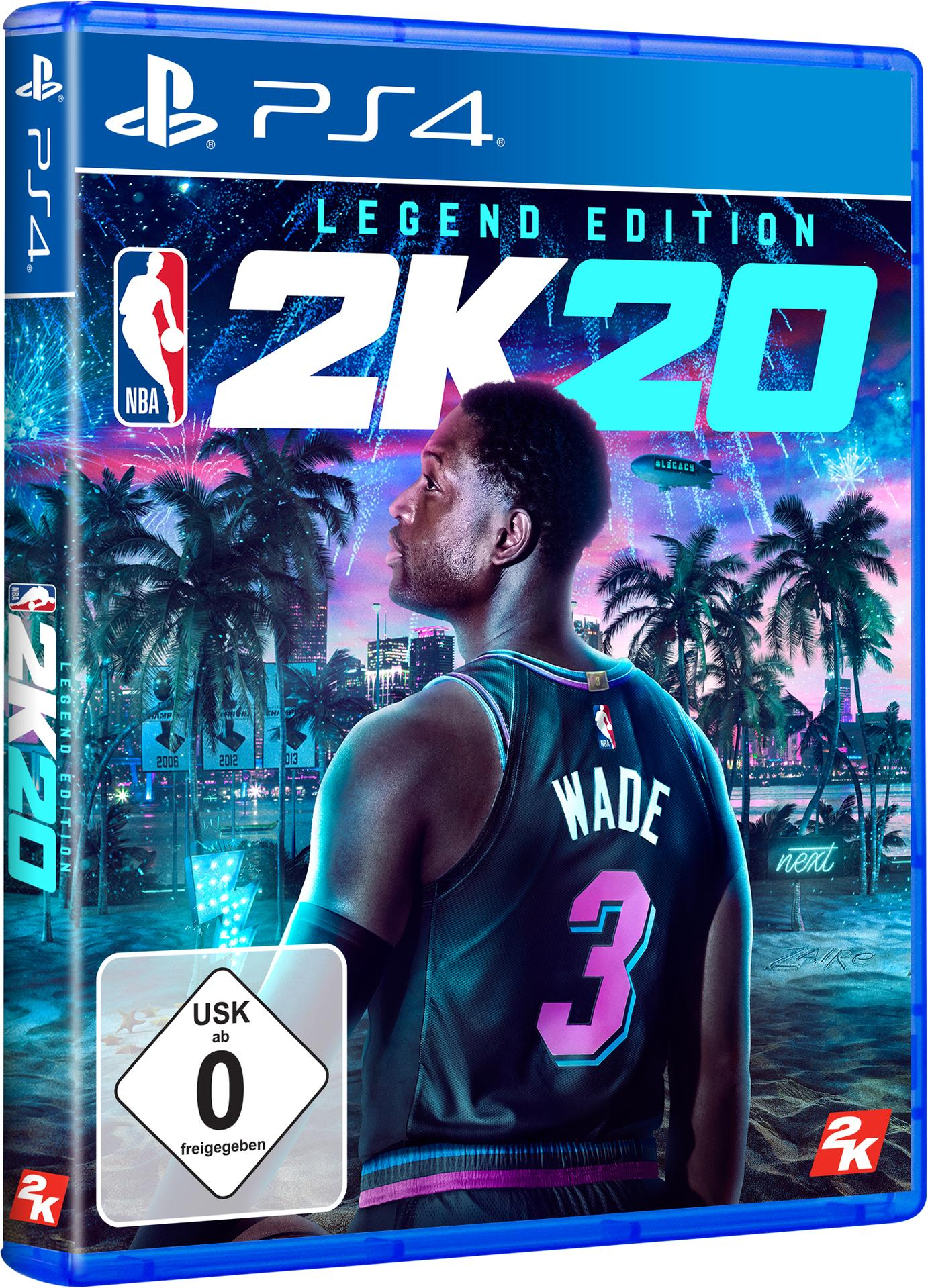 NBA 2K20-Spielcover. Wade in einem Trikot, Palmen im Hintergrund, blaues und violettes Design.